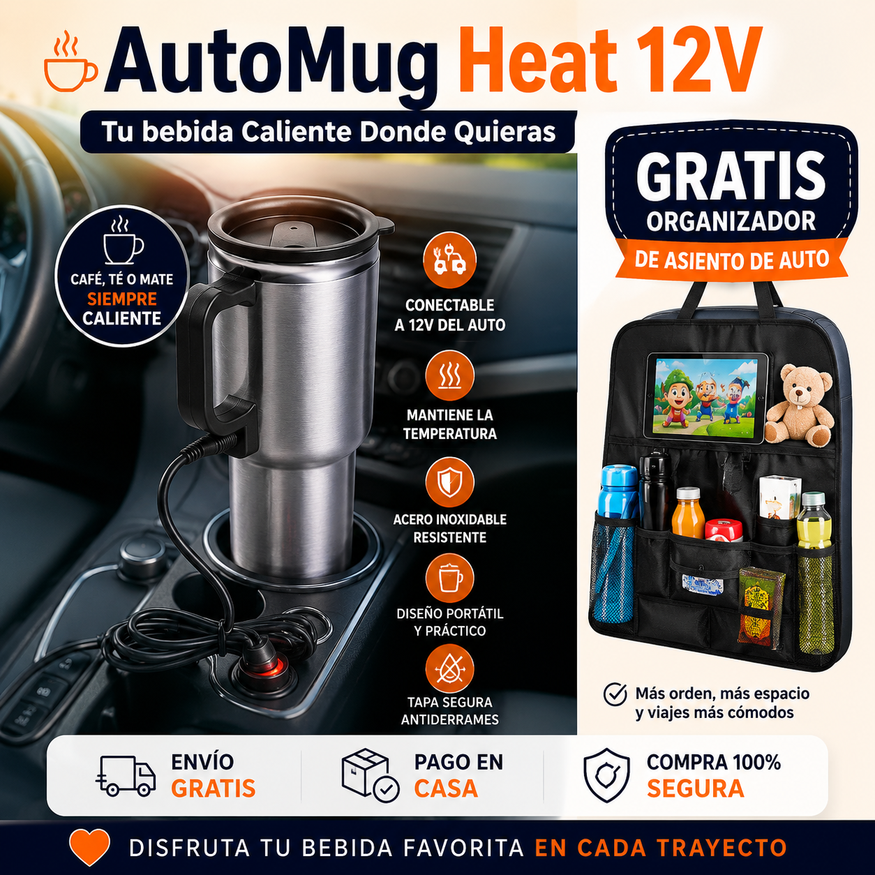 AutoMug Heat 12V - Tu bebida Caliente Donde Quieras + Organizador de asiento de auto completamente GRATIS