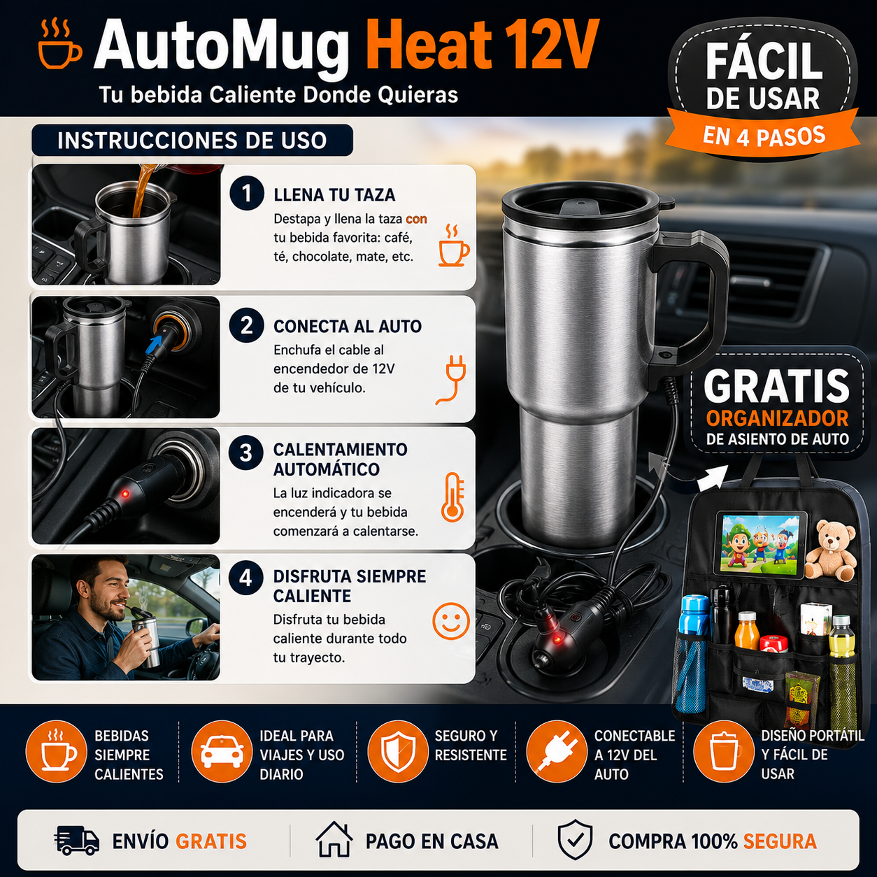 AutoMug Heat 12V - Tu bebida Caliente Donde Quieras + Organizador de asiento de auto completamente GRATIS