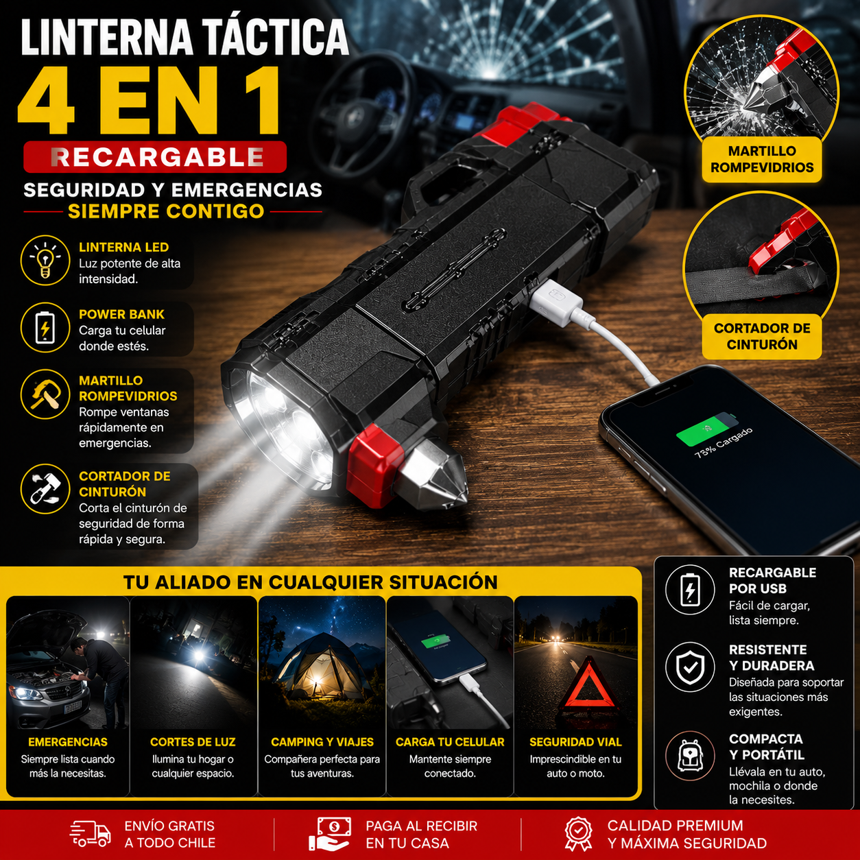 Linterna Táctica 4 en 1 Recargable | Seguridad y Emergencias Siempre Contigo