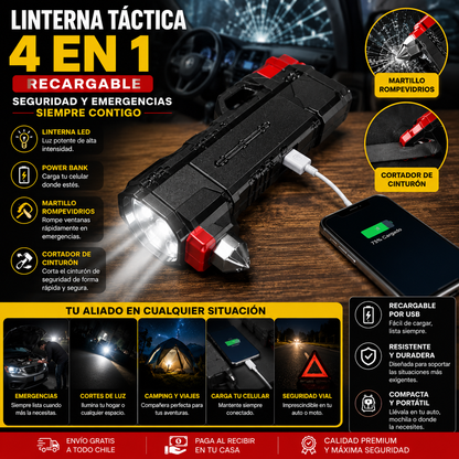 Linterna Táctica 4 en 1 Recargable | Seguridad y Emergencias Siempre Contigo