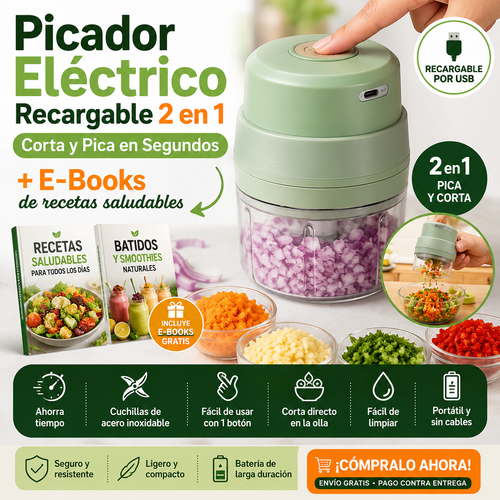 Picador Eléctrico Recargable 2 en 1 – Corta y Pica en Segundos + E-Books de recetas saludable
