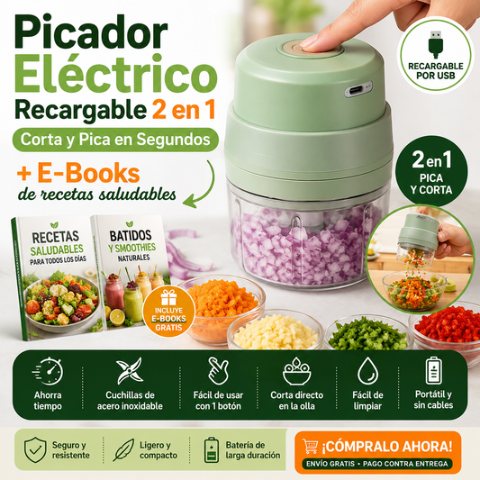 Picador Eléctrico Recargable 2 en 1 – Corta y Pica en Segundos + E-Books de recetas saludable