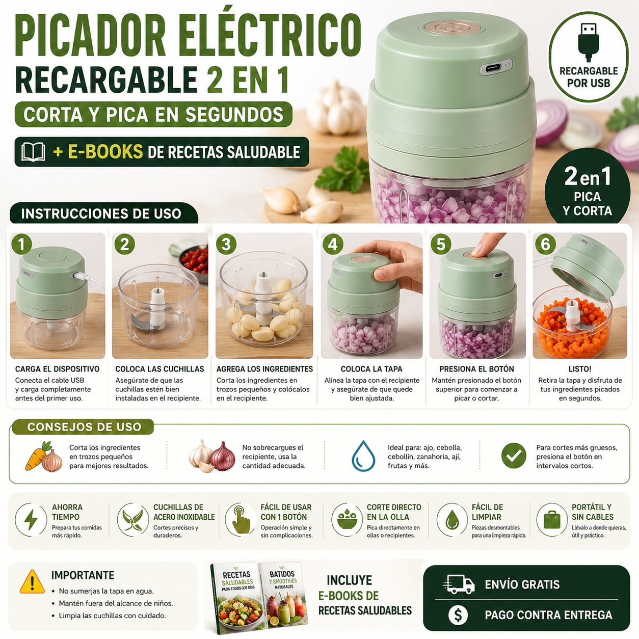 Picador Eléctrico Recargable 2 en 1 – Corta y Pica en Segundos + E-Books de recetas saludable