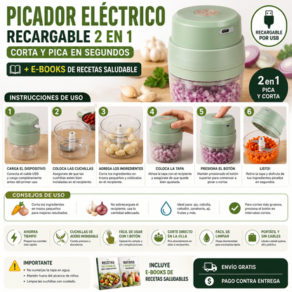 Picador Eléctrico Recargable 2 en 1 – Corta y Pica en Segundos + E-Books de recetas saludable
