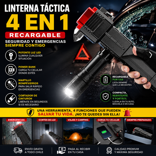 Linterna Táctica 4 en 1 Recargable | Seguridad y Emergencias Siempre Contigo