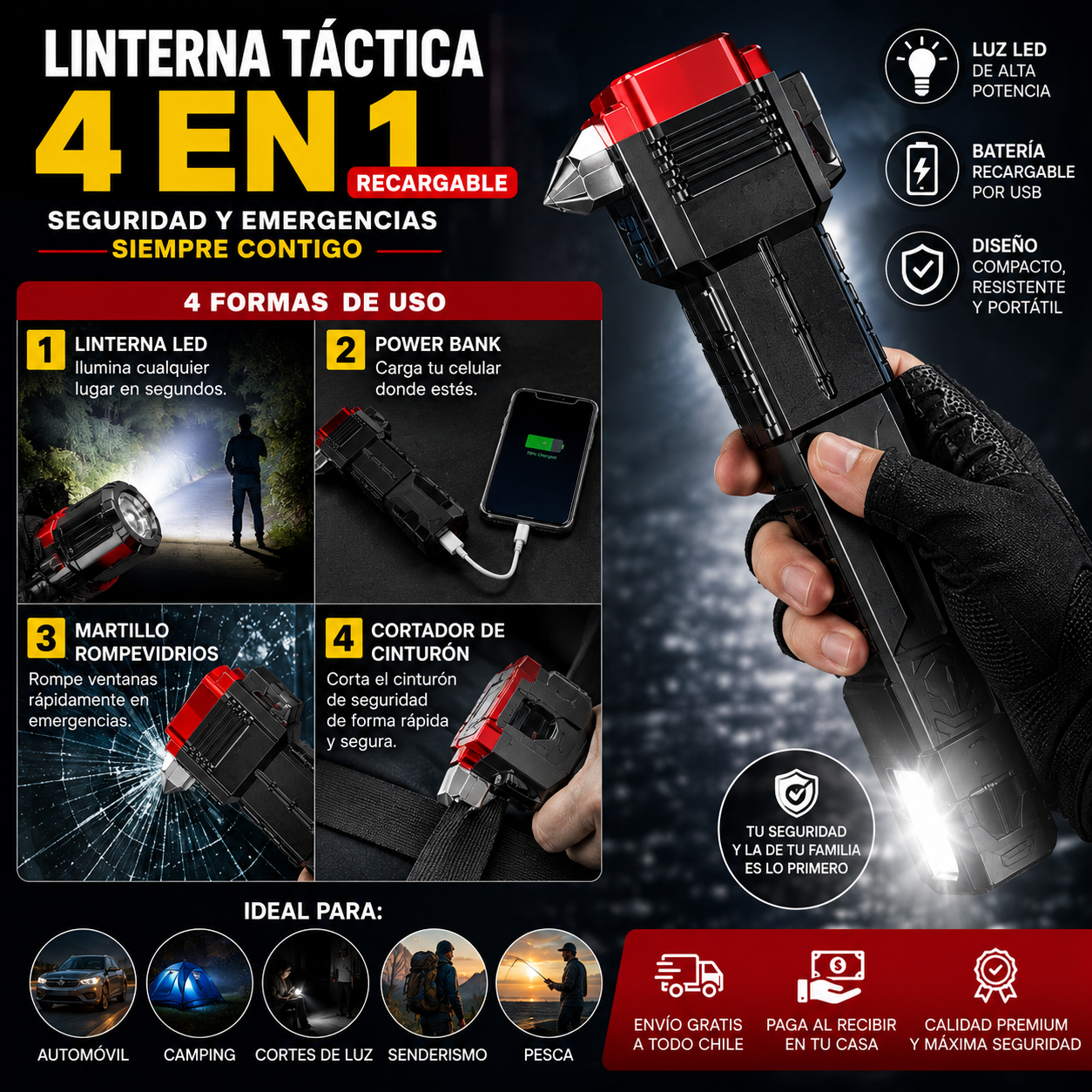 Linterna Táctica 4 en 1 Recargable | Seguridad y Emergencias Siempre Contigo