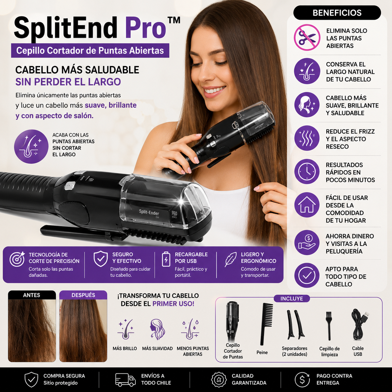 SplitEnd Pro™ | Cepillo Cortador de Puntas Abiertas - Cabello Más Saludable sin Perder el Largo