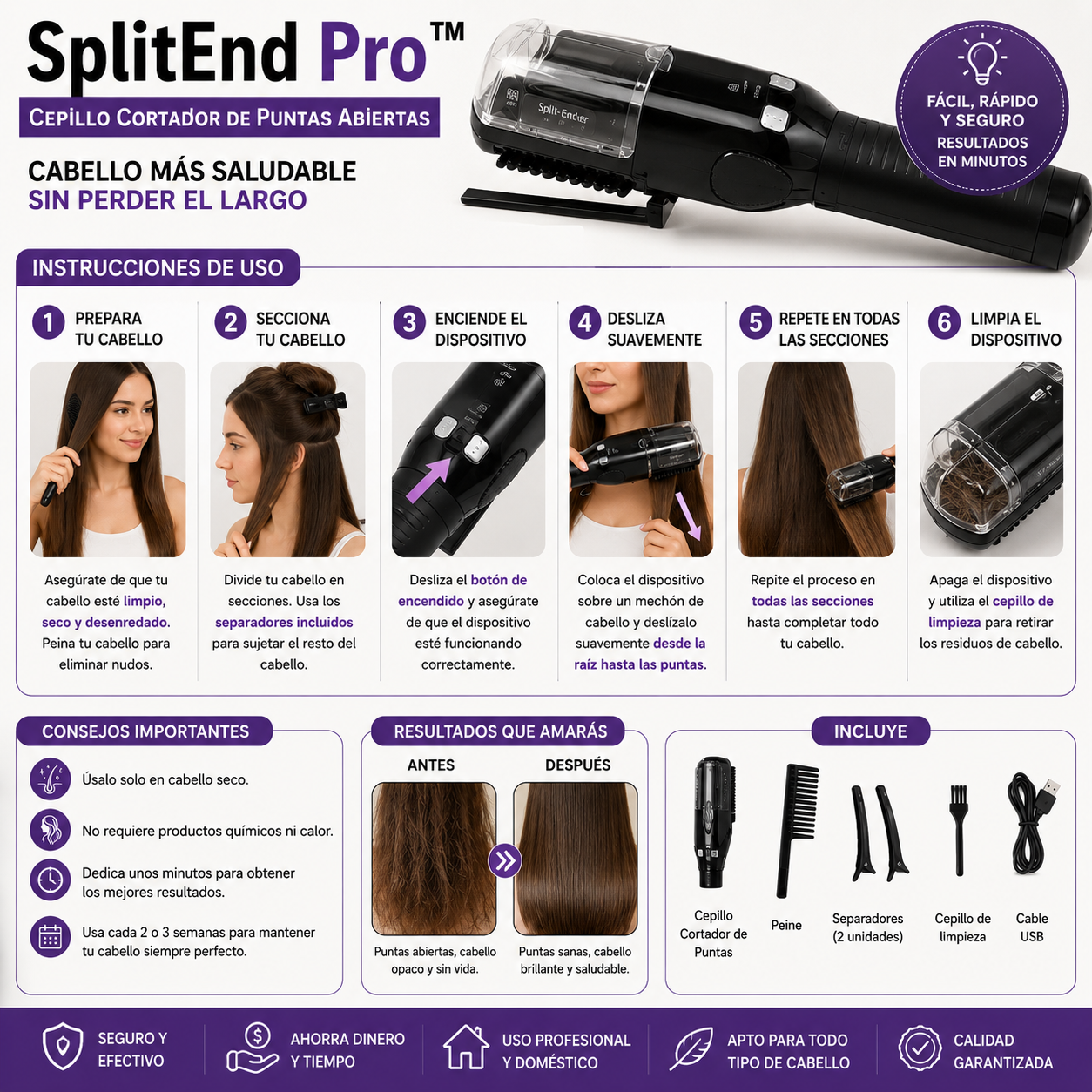 SplitEnd Pro™ | Cepillo Cortador de Puntas Abiertas - Cabello Más Saludable sin Perder el Largo