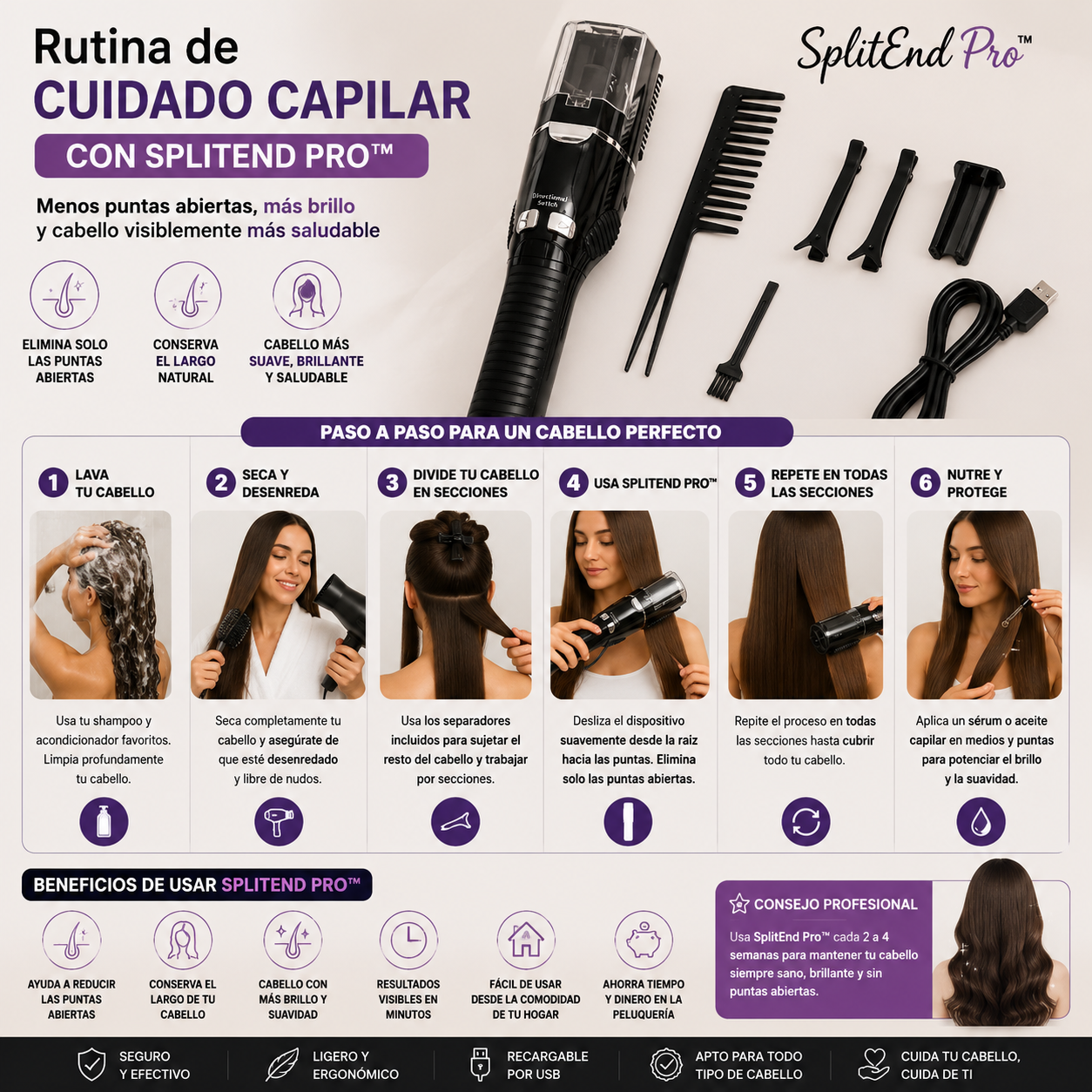 SplitEnd Pro™ | Cepillo Cortador de Puntas Abiertas - Cabello Más Saludable sin Perder el Largo