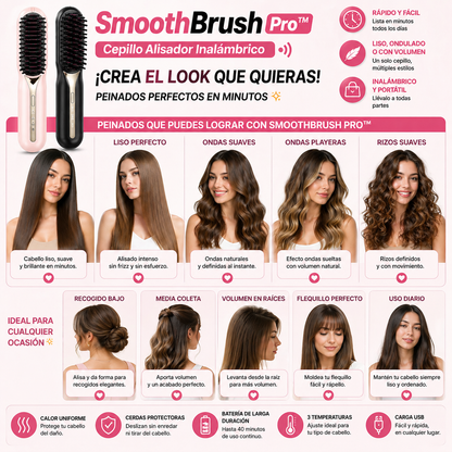 SmoothBrush Pro™ – Cepillo Alisador Inalámbrico - Cabello perfecto en minutos, Ahorra tiempo y esfuerzo.