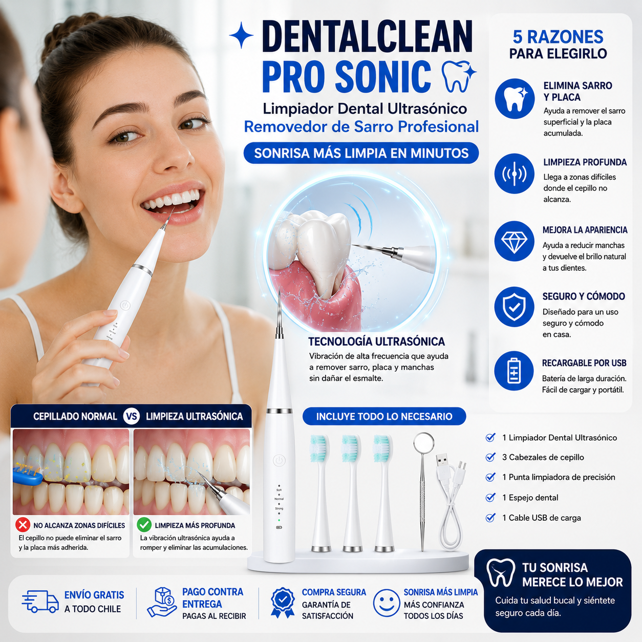 DentalClean Pro Sonic - Limpiador Dental Ultrasónico Removedor de Sarro Profesional - Sonrisa más limpia en minutos
