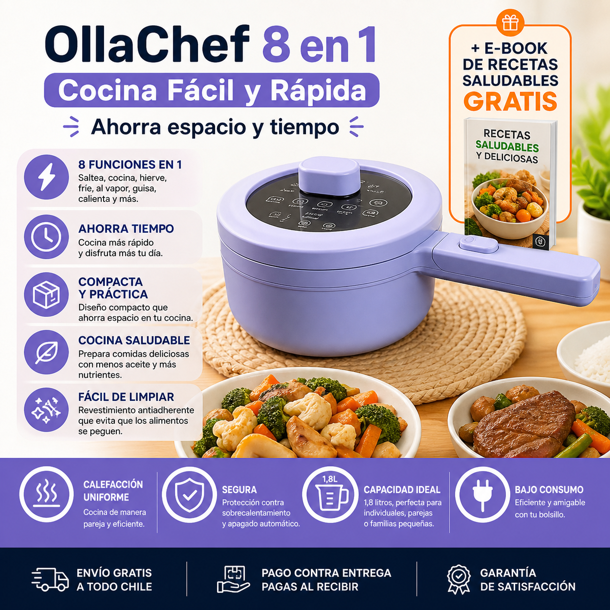 OllaChef 8 en 1 – Cocina Fácil y Rápida - Ahorra espacio y tiempo + E-book de recetas saludables GRATIS