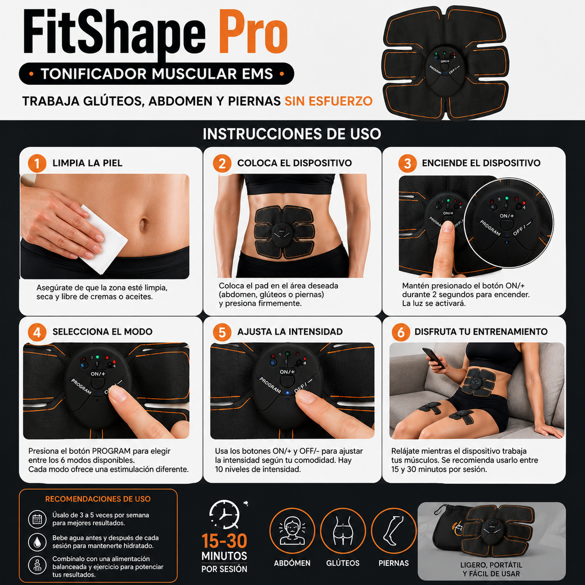 FitShape Pro – Tonificador Muscular EMS - Trabaja Glúteos, Abdomen y Piernas sin esfuerzo