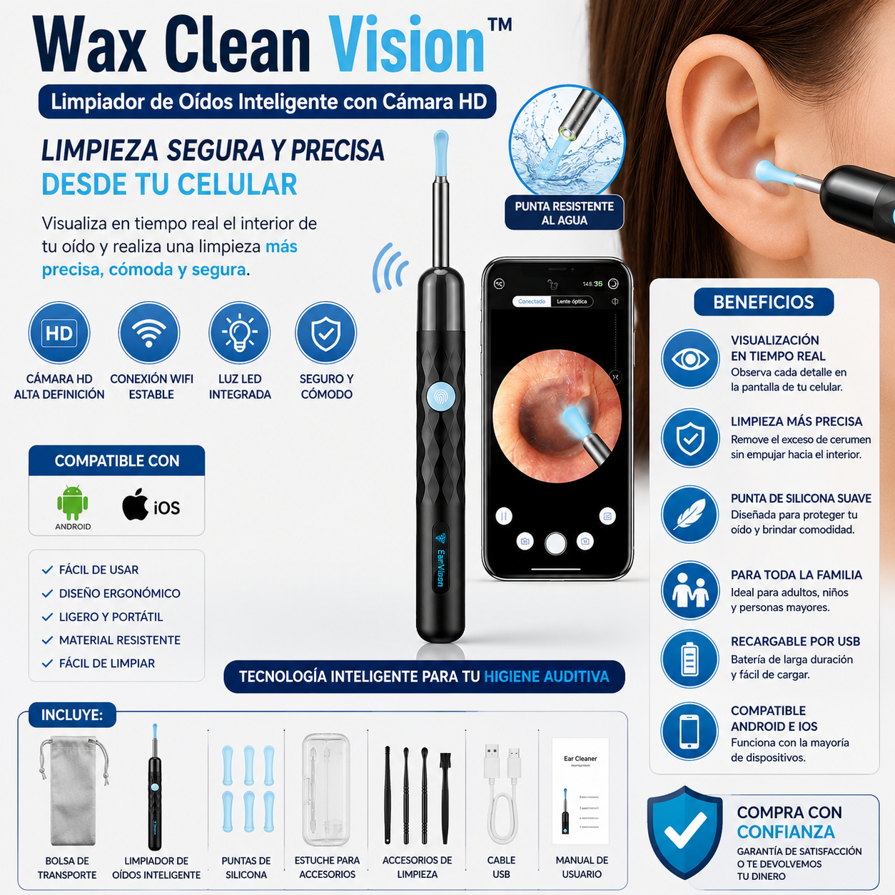 Wax Clean Vision™ - Limpiador de Oídos Inteligente con Cámara HD - Limpieza Segura y Precisa desde tu Celular