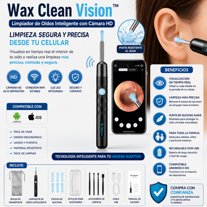 Wax Clean Vision™ - Limpiador de Oídos Inteligente con Cámara HD - Limpieza Segura y Precisa desde tu Celular
