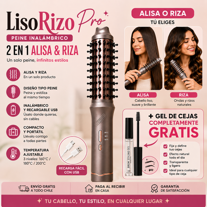 LisoRizo Pro - Peine Inalambrico 2 en 1 Alisa & Riza + Gel de Cejas completamente GRATIS