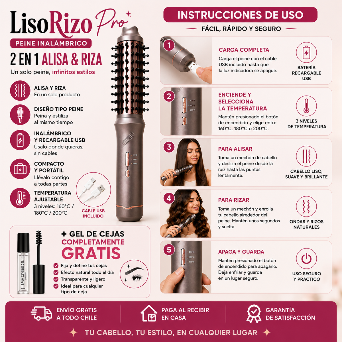 LisoRizo Pro - Peine Inalambrico 2 en 1 Alisa & Riza + Gel de Cejas completamente GRATIS