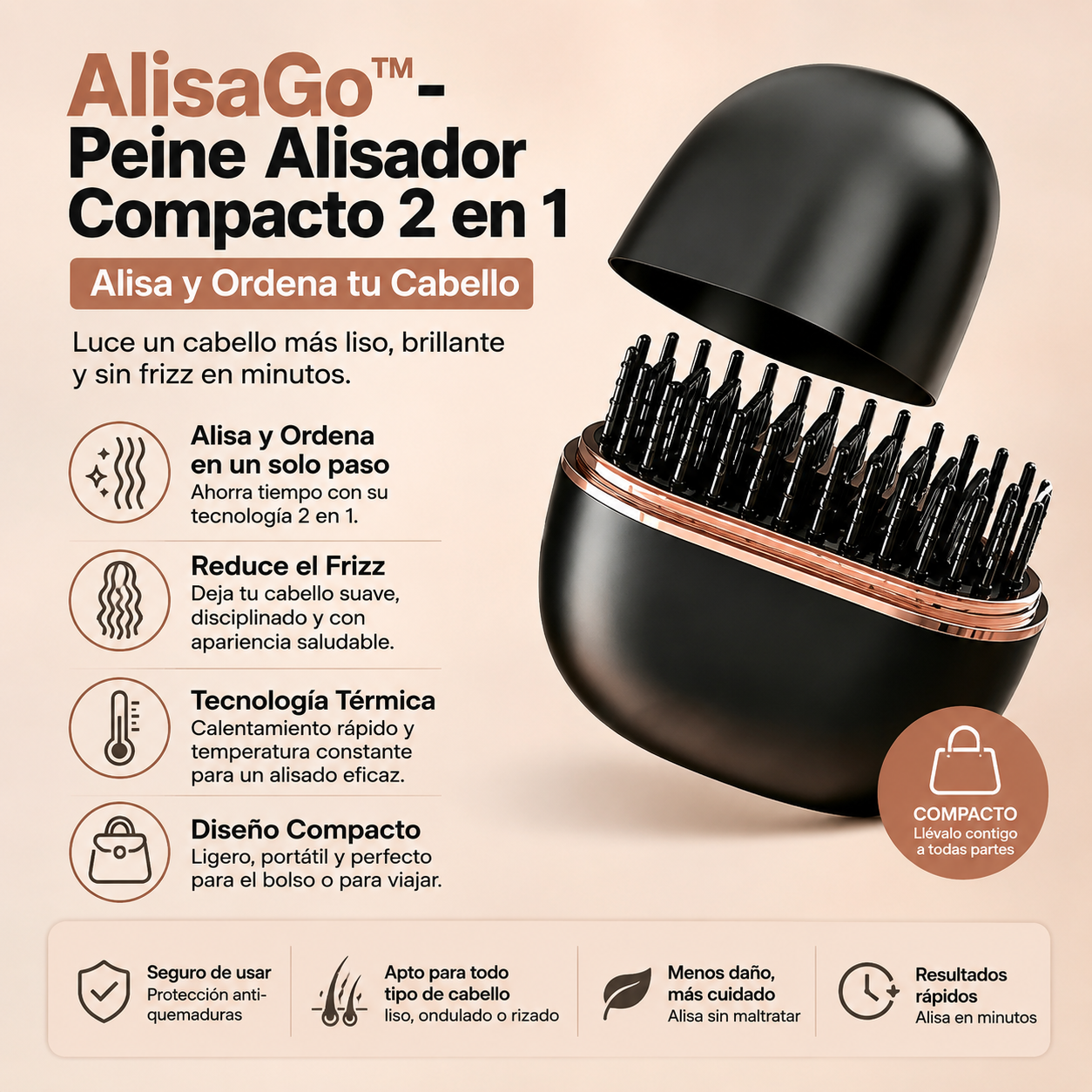 AlisaGo™-  Peine Alisador Compacto 2 en 1 – Alisa y Ordena tu Cabello