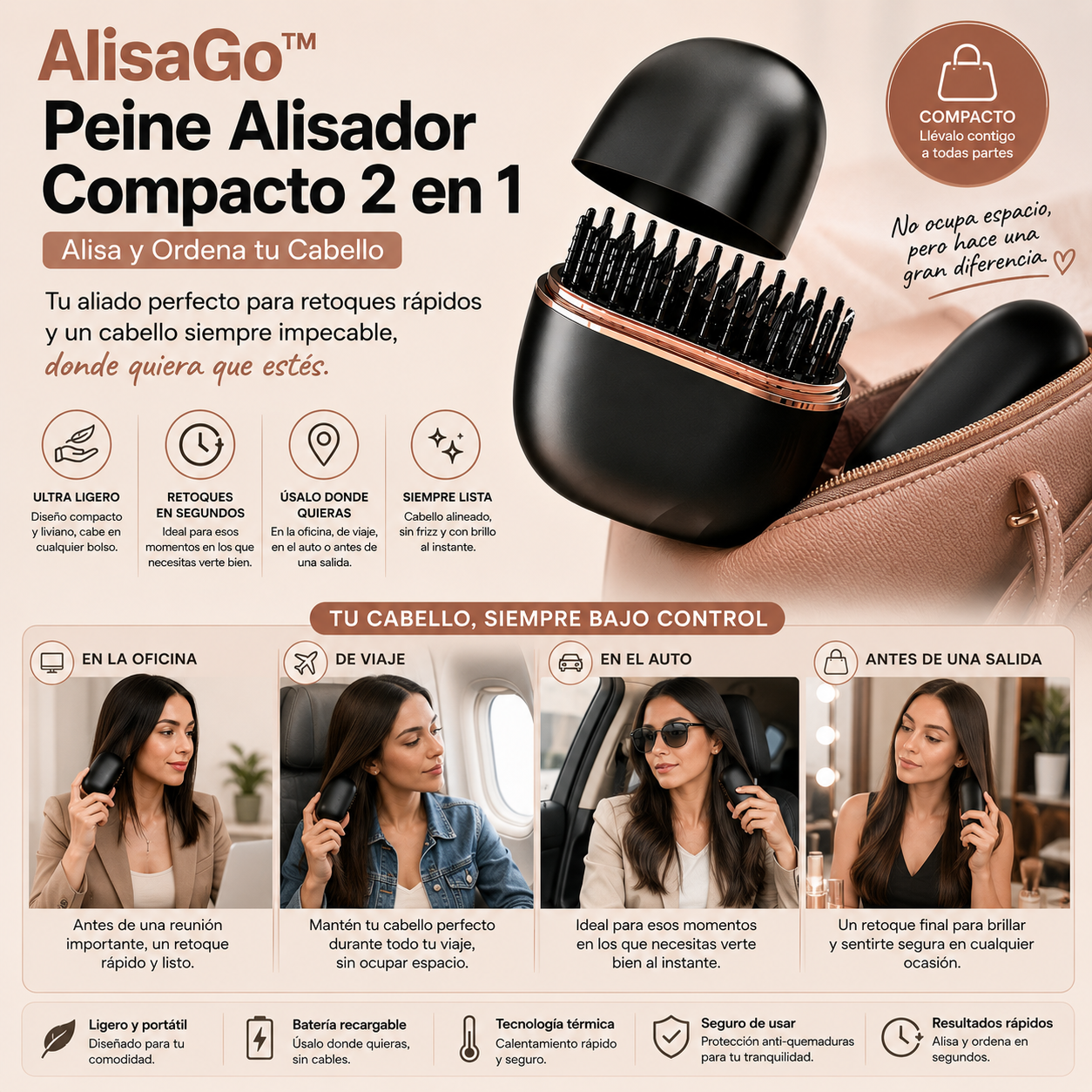 AlisaGo™-  Peine Alisador Compacto 2 en 1 – Alisa y Ordena tu Cabello