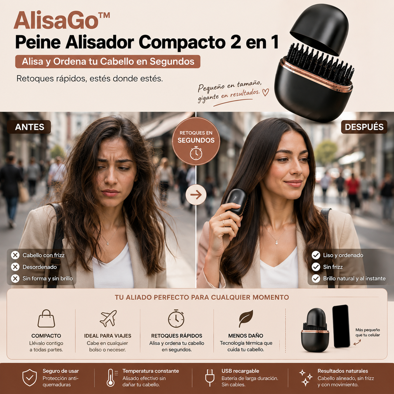 AlisaGo™-  Peine Alisador Compacto 2 en 1 – Alisa y Ordena tu Cabello