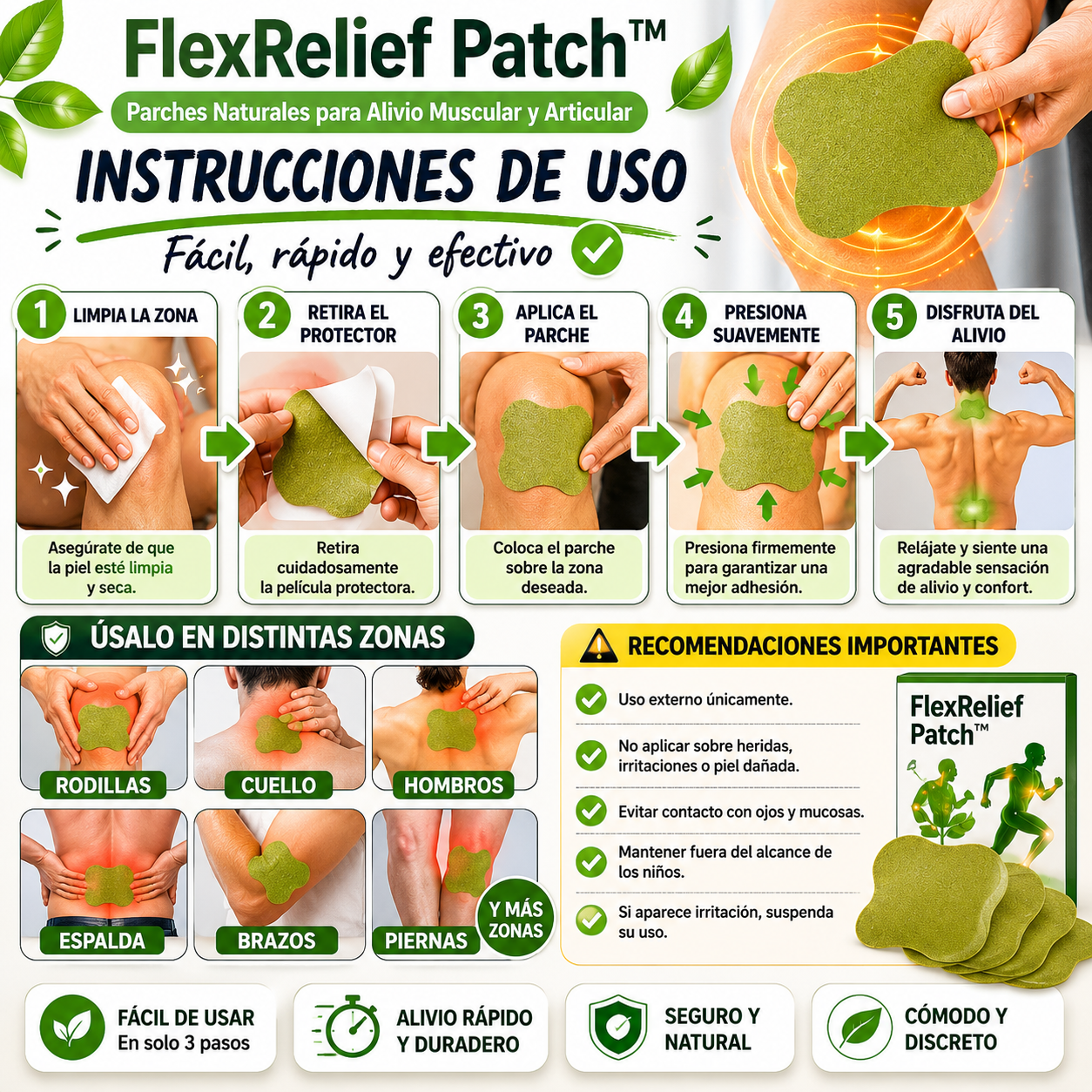 FlexRelief Patch™ | Parches Naturales para Alivio Muscular y Articular - Alivia RáPidamente Todo Tipo De Dolores